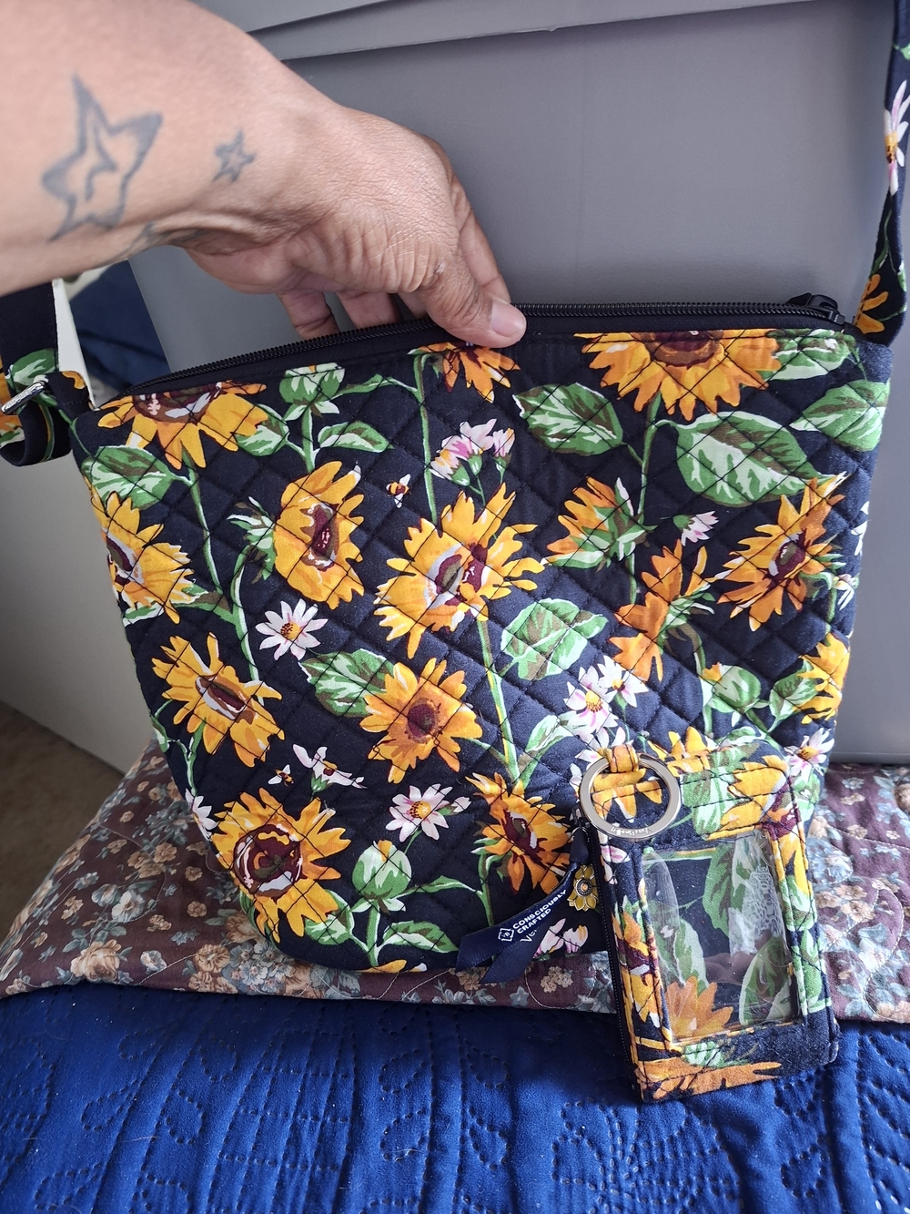 Vera Bradley Black Sunflower Quilted Crossbody Bag with ID Holder